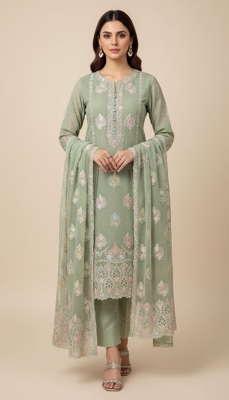 Pastel Mint Green Embroidered Chiffon Suit with Cutwork Lace 3-Piece Set